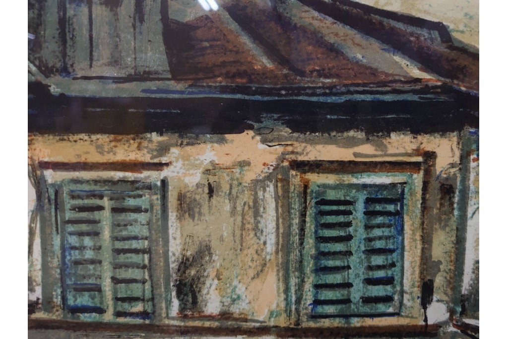 真作　サイン入り　荻須高徳　「街角のタバコ屋」　パリの街角を描いたリトグラフ　外箱付き　(R-086441)