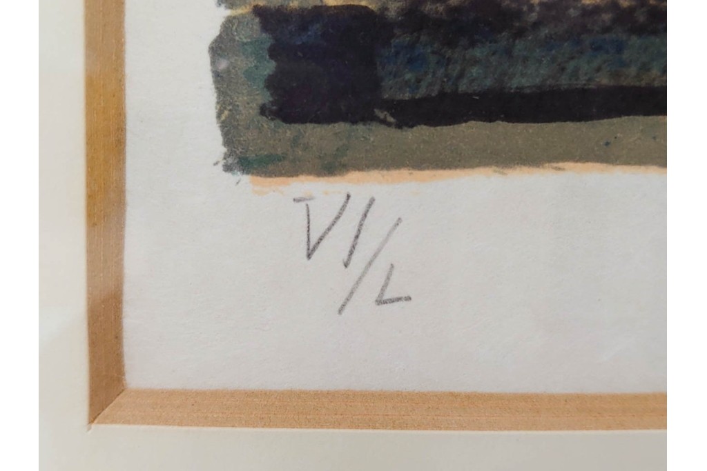 真作　サイン入り　荻須高徳　「街角のタバコ屋」　パリの街角を描いたリトグラフ　外箱付き　(R-086441)