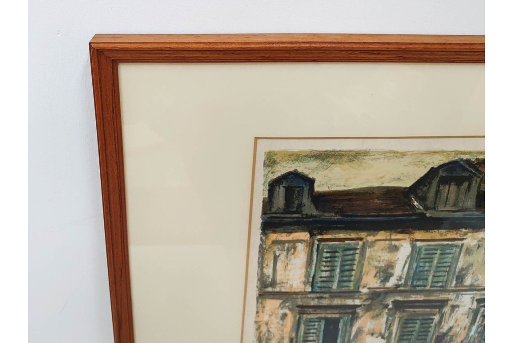 真作　サイン入り　荻須高徳　「街角のタバコ屋」　パリの街角を描いたリトグラフ　外箱付き　(R-086441)