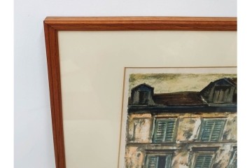 真作　サイン入り　荻須高徳　「街角のタバコ屋」　パリの街角を描いたリトグラフ　外箱付き　(R-086441)