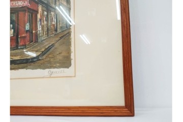 真作　サイン入り　荻須高徳　「街角のタバコ屋」　パリの街角を描いたリトグラフ　外箱付き　(R-086441)