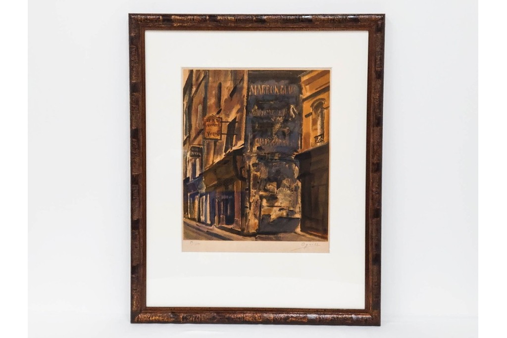 真作　サイン入り　荻須高徳　「パリの街角」?　90/100　街の一角を切り取ったリトグラフ　外箱付き　(R-086443)