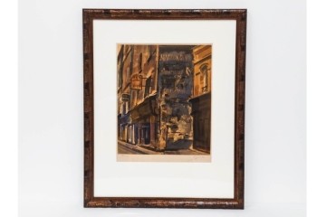 真作　サイン入り　荻須高徳　「パリの街角」?　90/100　街の一角を切り取ったリトグラフ　外箱付き　(R-086443)