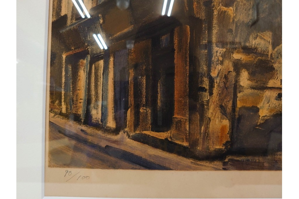 真作　サイン入り　荻須高徳　「パリの街角」?　90/100　街の一角を切り取ったリトグラフ　外箱付き　(R-086443)