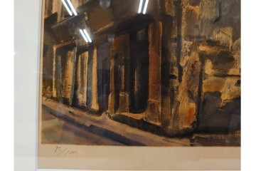 真作　サイン入り　荻須高徳　「パリの街角」?　90/100　街の一角を切り取ったリトグラフ　外箱付き　(R-086443)