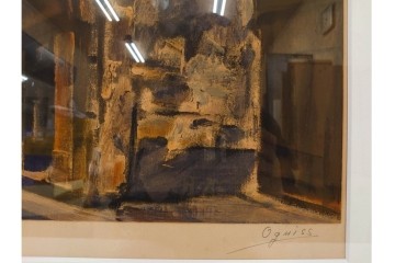 真作　サイン入り　荻須高徳　「パリの街角」?　90/100　街の一角を切り取ったリトグラフ　外箱付き　(R-086443)