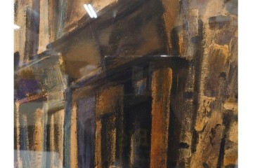 真作　サイン入り　荻須高徳　「パリの街角」?　90/100　街の一角を切り取ったリトグラフ　外箱付き　(R-086443)