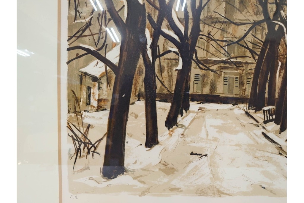 真作　サイン入り　荻須高徳　「雪景色」　EA版　冬の静けさが伝わってくるリトグラフ　外箱付き　(R-086444)