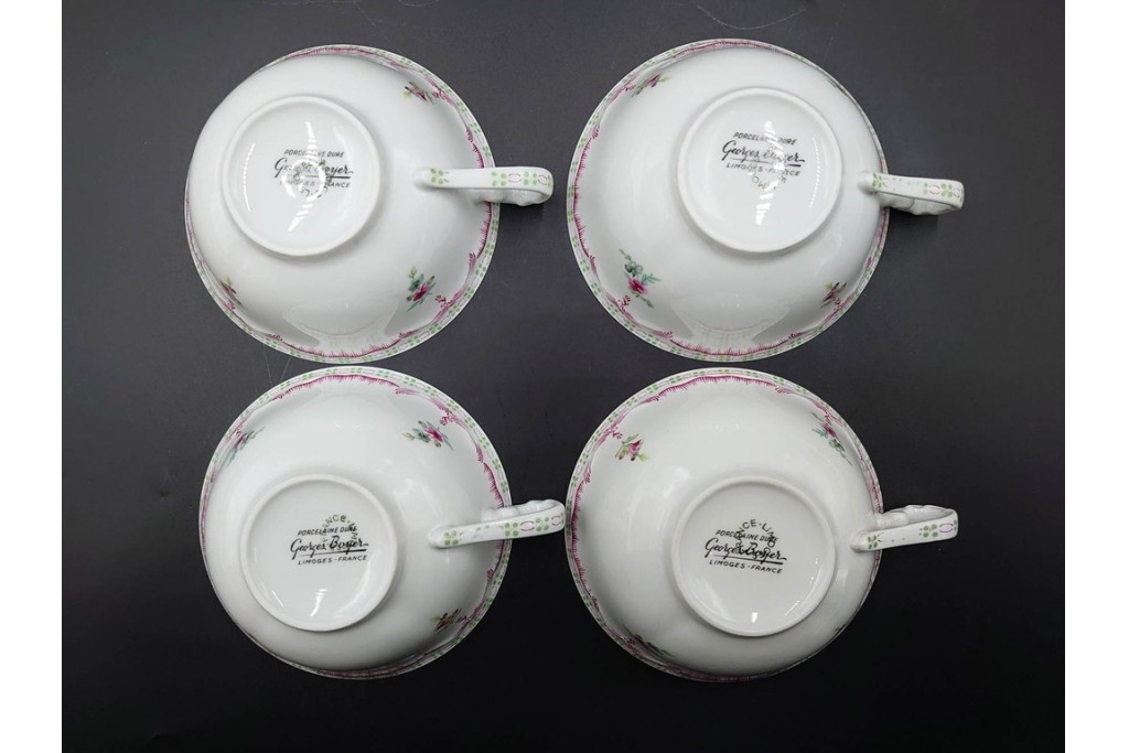 フランス　LIMOGES(リモージュ)　Georges Boyer(ジョルジュ・ボワイエ)　ピンクの花模様が可憐なトリオ5客セット　(R-086445)