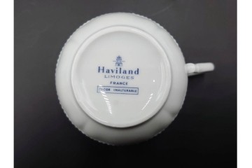 フランス　LIMOGES(リモージュ)　Haviland(アビランド)　Ruban(リュバン)　花模様とブルーのリボンが調和するトリオ3客セット　(R-086446)