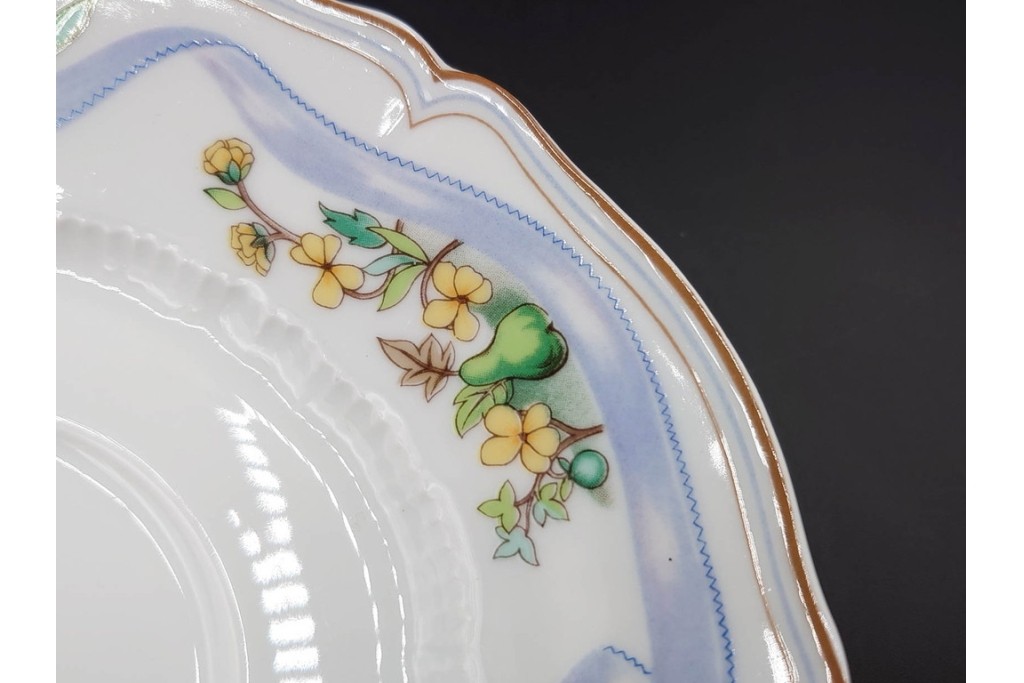 フランス　LIMOGES(リモージュ)　Haviland(アビランド)　Ruban(リュバン)　花模様とブルーのリボンが調和するトリオ3客セット　(R-086446)