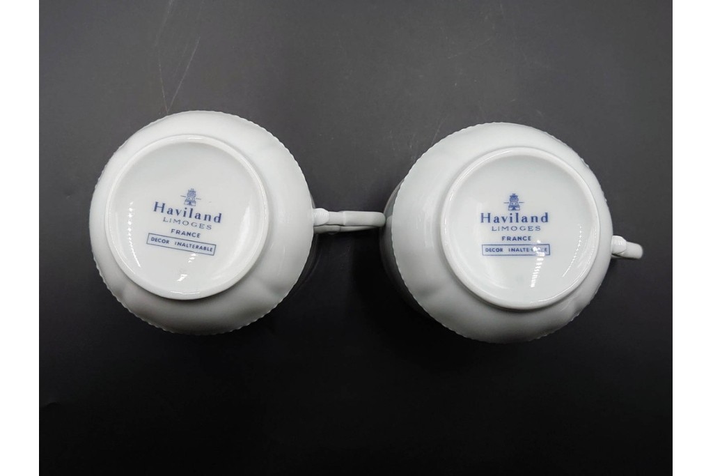 フランス　LIMOGES(リモージュ)　Haviland(アビランド)　Ruban(リュバン)　花模様とブルーのリボンが調和するトリオ3客セット　(R-086446)