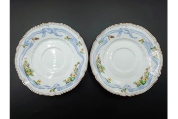 フランス　LIMOGES(リモージュ)　Haviland(アビランド)　Ruban(リュバン)　花模様とブルーのリボンが調和するトリオ3客セット　(R-086446)