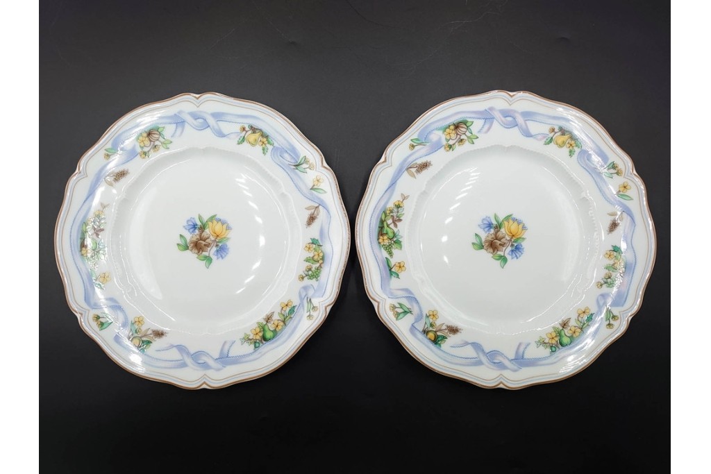 フランス　LIMOGES(リモージュ)　Haviland(アビランド)　Ruban(リュバン)　花模様とブルーのリボンが調和するトリオ3客セット　(R-086446)