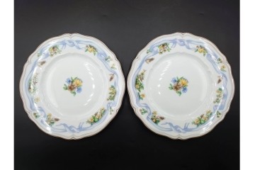 フランス　LIMOGES(リモージュ)　Haviland(アビランド)　Ruban(リュバン)　花模様とブルーのリボンが調和するトリオ3客セット　(R-086446)