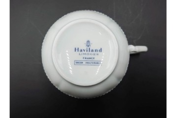 フランス　LIMOGES(リモージュ)　Haviland(アビランド)　Ruban(リュバン)　花模様とブルーのリボンが調和するトリオ3客セット　(R-086447)