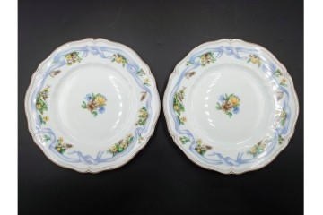 フランス　LIMOGES(リモージュ)　Haviland(アビランド)　Ruban(リュバン)　花模様とブルーのリボンが調和するトリオ3客セット　(R-086447)