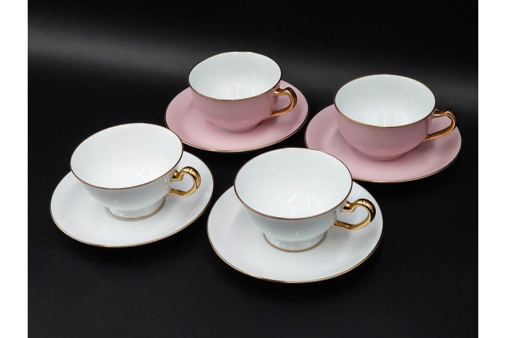 大倉陶園(OKURA/OAC)　色蒔き(ピンク)　ゴールドライン(リムシェープ)　カップ&ソーサー4客セット　(R-086450)
