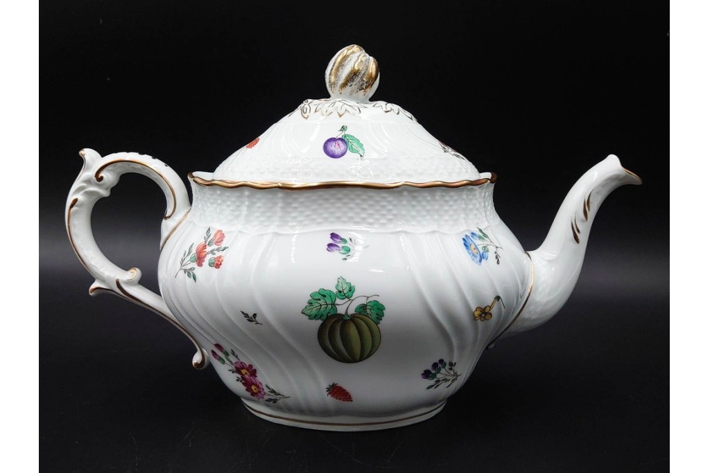 イタリア　Richard Ginori(リチャードジノリ)　ペルージャ(ベッキオフルーツ)　果物模様が愛らしいティーポット・シュガーポット・クリーマーセット　(R-086451)