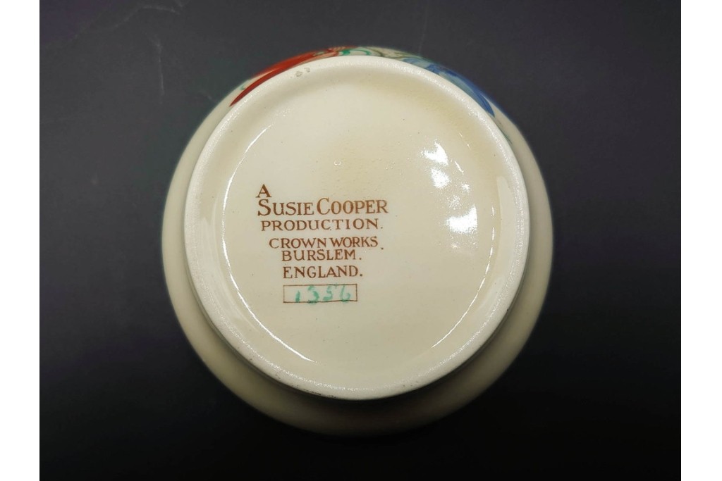 イギリスヴィンテージ　Susie Cooper(スージークーパー)　赤と青の花模様が印象的なティーポット・クリーマー・ミニボウル・プレートの4点セット　(R-086454)