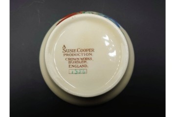 イギリスヴィンテージ　Susie Cooper(スージークーパー)　赤と青の花模様が印象的なティーポット・クリーマー・ミニボウル・プレートの4点セット　(R-086454)