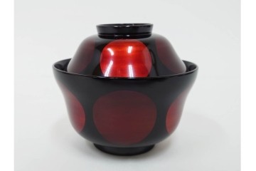 むさしの漆工芸造　なかにし正　艶やかな黒に朱の丸が目を引く日月椀5点セット　共箱付き　(R-086460)