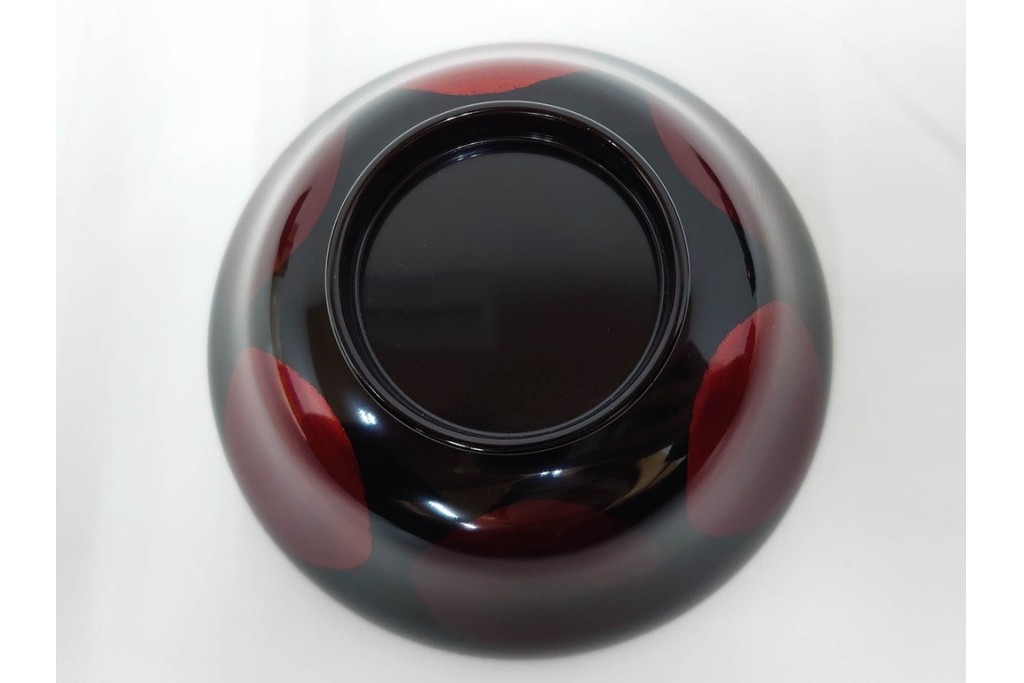 むさしの漆工芸造　なかにし正　艶やかな黒に朱の丸が目を引く日月椀5点セット　共箱付き　(R-086460)