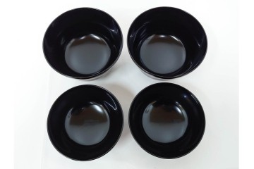 むさしの漆工芸造　なかにし正　艶やかな黒に朱の丸が目を引く日月椀5点セット　共箱付き　(R-086460)