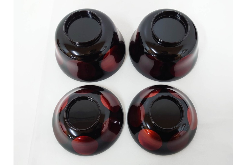 むさしの漆工芸造　なかにし正　艶やかな黒に朱の丸が目を引く日月椀5点セット　共箱付き　(R-086460)