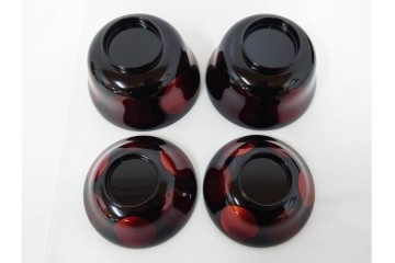 むさしの漆工芸造　なかにし正　艶やかな黒に朱の丸が目を引く日月椀5点セット　共箱付き　(R-086460)