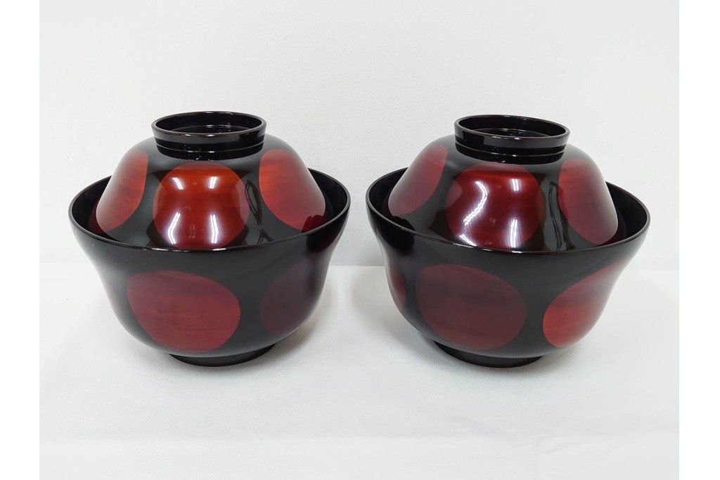 むさしの漆工芸造　なかにし正　艶やかな黒に朱の丸が目を引く日月椀5点セット　共箱付き　(R-086460)