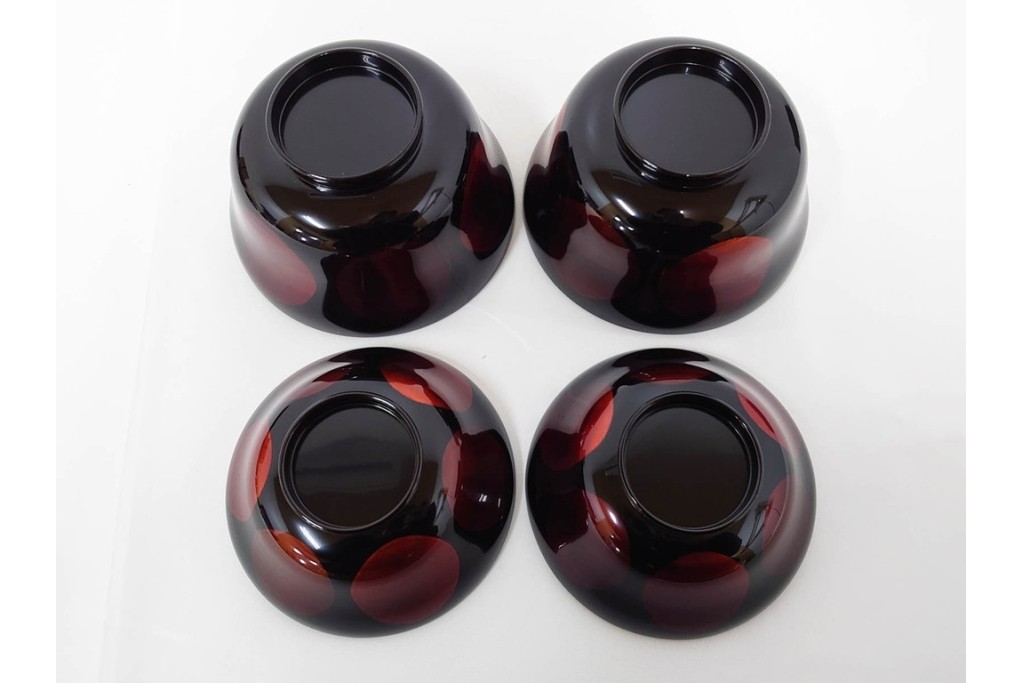 むさしの漆工芸造　なかにし正　艶やかな黒に朱の丸が目を引く日月椀5点セット　共箱付き　(R-086460)