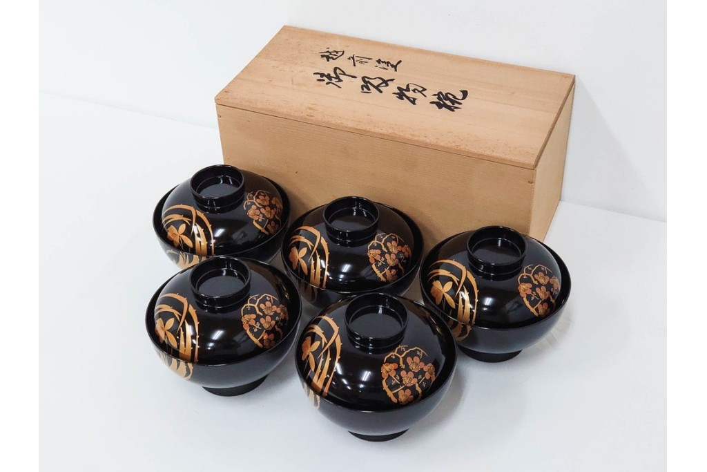 越前塗　蒔絵　花丸紋様が上品な吸物椀5点セット　共箱付き　(R-086462)