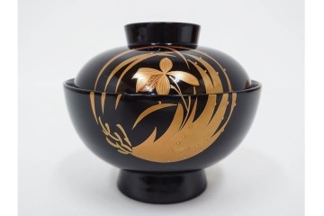 越前塗　蒔絵　花丸紋様が上品な吸物椀5点セット　共箱付き　(R-086462)