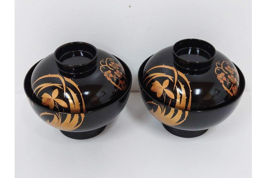 越前塗　蒔絵　花丸紋様が上品な吸物椀5点セット　共箱付き　(R-086462)