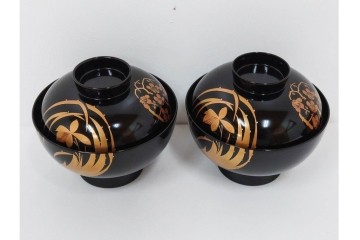 越前塗　蒔絵　花丸紋様が上品な吸物椀5点セット　共箱付き　(R-086462)