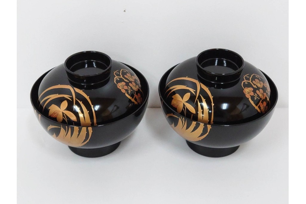 越前塗　蒔絵　花丸紋様が上品な吸物椀5点セット　共箱付き　(R-086462)
