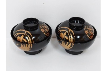 越前塗　蒔絵　花丸紋様が上品な吸物椀5点セット　共箱付き　(R-086462)