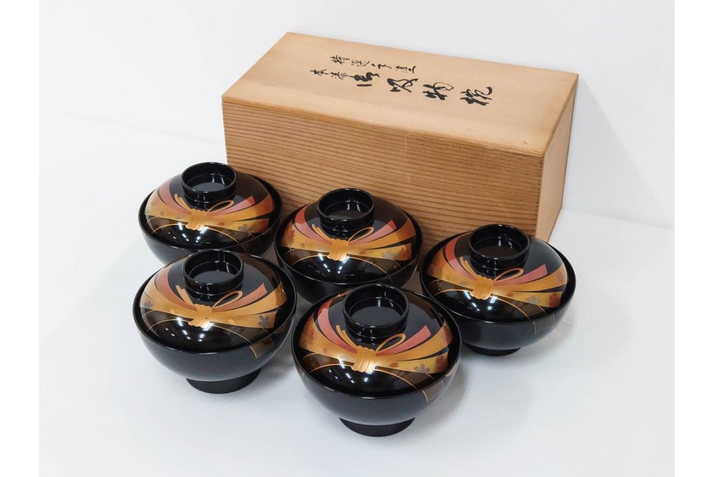 越前塗　蒔絵　本漆に熨斗模様が映える吸物椀5点セット　共箱付き　(R-086463)