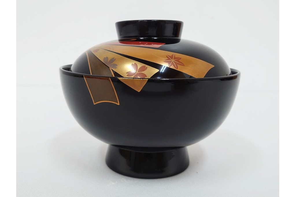 越前塗　蒔絵　本漆に熨斗模様が映える吸物椀5点セット　共箱付き　(R-086463)