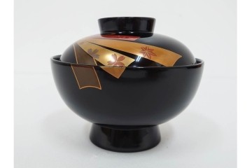 越前塗　蒔絵　本漆に熨斗模様が映える吸物椀5点セット　共箱付き　(R-086463)