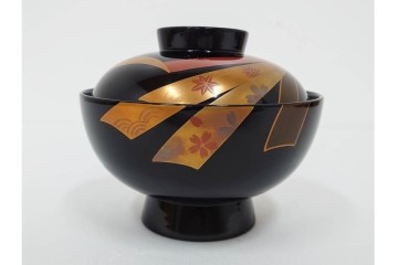 越前塗　蒔絵　本漆に熨斗模様が映える吸物椀5点セット　共箱付き　(R-086463)