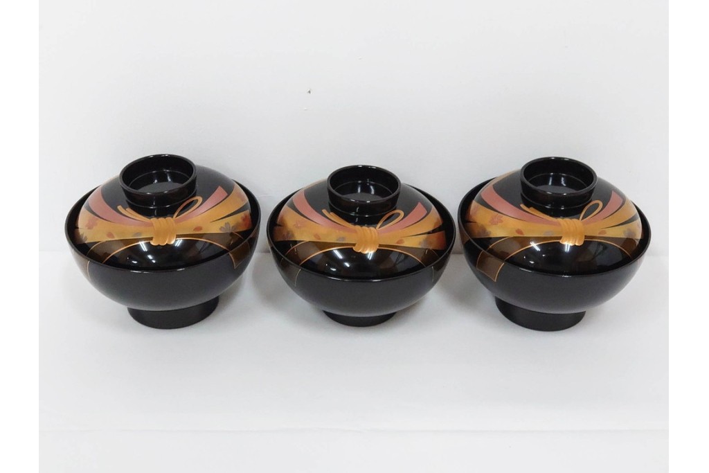 越前塗　蒔絵　本漆に熨斗模様が映える吸物椀5点セット　共箱付き　(R-086463)