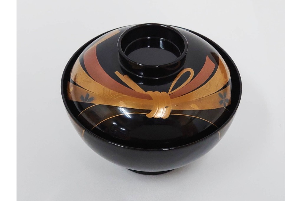 越前塗　蒔絵　本漆に熨斗模様が映える吸物椀5点セット　共箱付き　(R-086463)