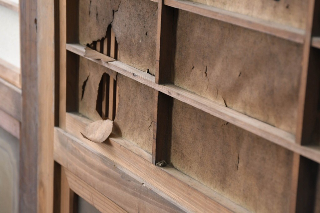 アンティーク建具　昭和初期　裏障子付き　幅広で存在感のある格子戸2枚セット　(R-086474)