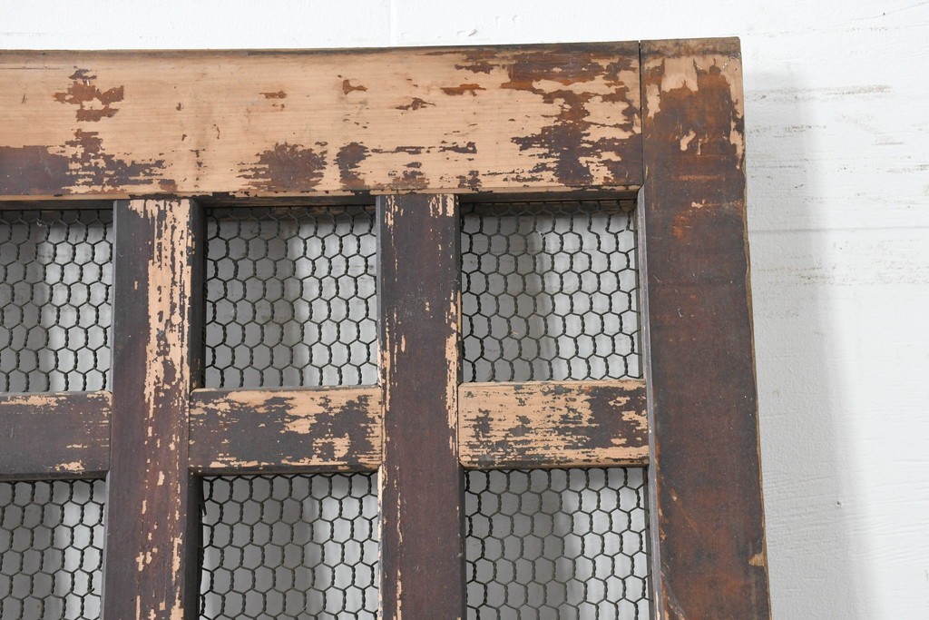 アンティーク建具　明治から大正期　歳月を感じる風格の金網入り格子くぐり戸1枚　(R-086515)