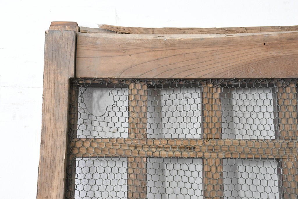 アンティーク建具　明治から大正期　総欅(ケヤキ)材　素朴な木味の金網入りきつね格子蔵戸1枚　　(R-086525)