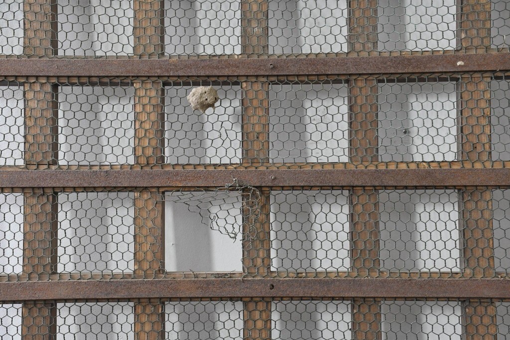 アンティーク建具　明治から大正期　総欅(ケヤキ)材　素朴な木味の金網入りきつね格子蔵戸1枚　　(R-086525)