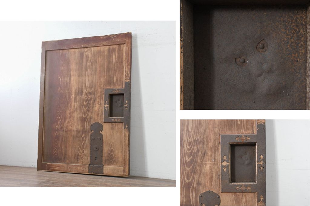 アンティーク建具　明治から大正期　超激レア!　総欅(ケヤキ)材　財を守る獅子面意匠金具が圧倒的な存在感を放つ蔵戸1枚　(R-086531)