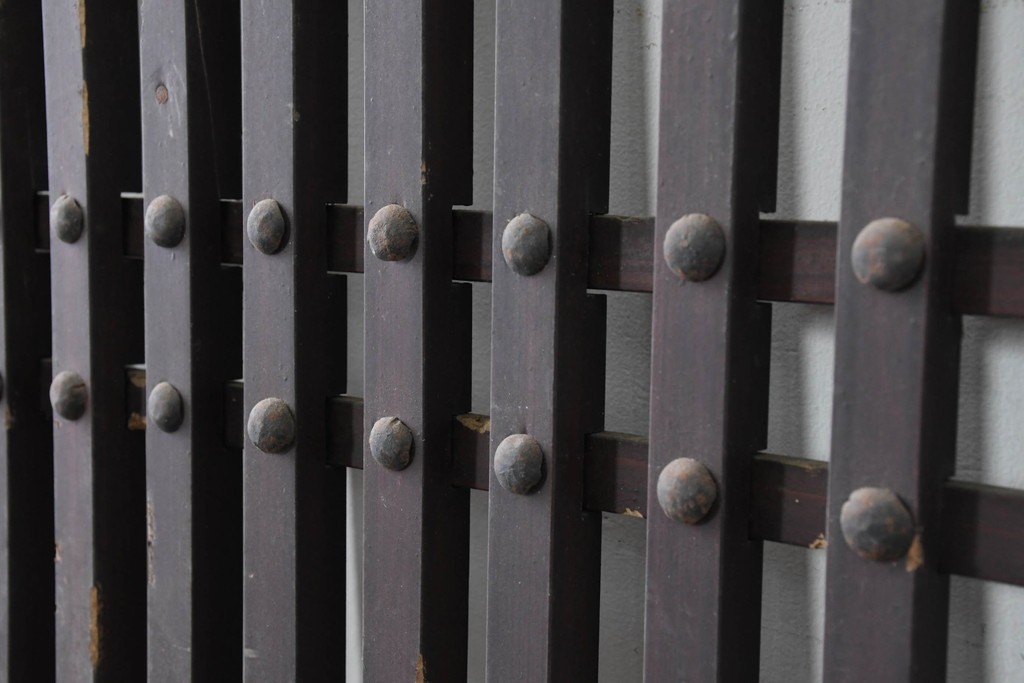 アンティーク建具　明治から大正期　繁栄祈願の唐草雲文装飾を腰板に配した背の低い格子蔵戸1枚　(R-086539)